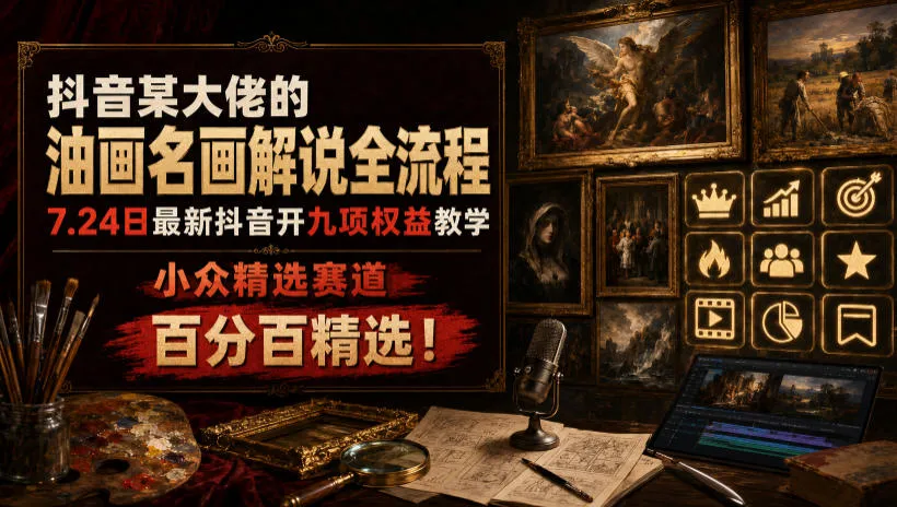 抖音某大佬的油画名画解说全流程，7.24日最新抖音开九项权益教学，小众精选赛道，百分百精选！-续财库
