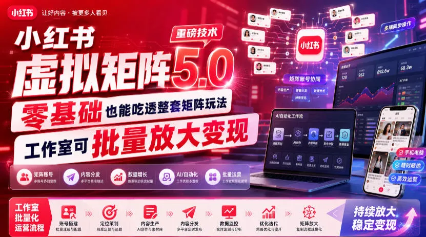 小红书虚拟矩阵5.0重磅技术，零基础也能吃透整套矩阵玩法，工作室可批量放大变现-续财库