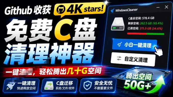 Github收获4K stars！免费C盘清理神器，轻松腾出几十G空间，支持C盘迁移Windows Cleaner-续财库