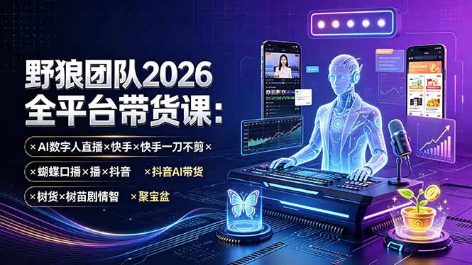 野狼团队2026全平台带货课-7月：AI数字人直播×快手一刀不剪×蝴蝶口播×抖音AI带货×树苗剧情智剪×聚宝盆-续财库