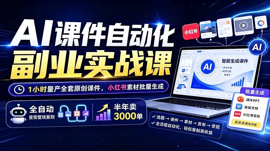 AI课件自动化副业实战课：1小时量产全套原创课件×小红书素材批量生成×全自动变现管线×半年卖3000单-续财库