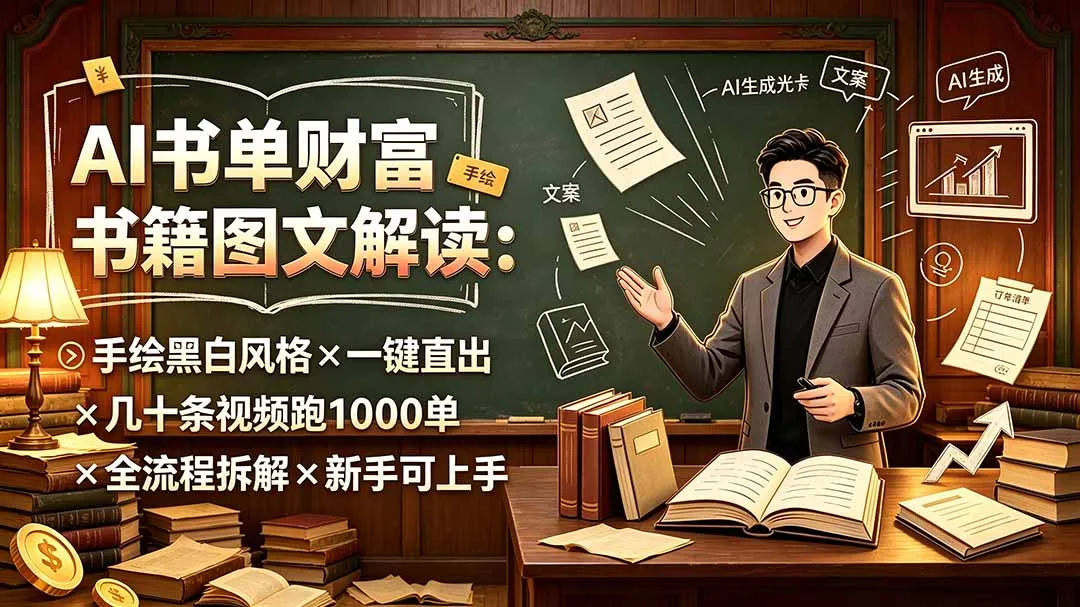 AI书单财富书籍图文解读:手绘黑白风格×一键直出×几十条视频跑1000单×全流程拆解×新手可上手-续财库