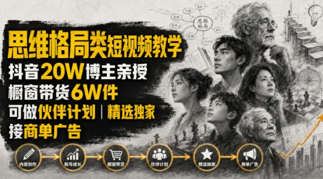 人性思维格局类短视频教学，抖音20W博主亲授，橱窗带货6W件，可做伙伴计划、精选独家、接商单广告-续财库