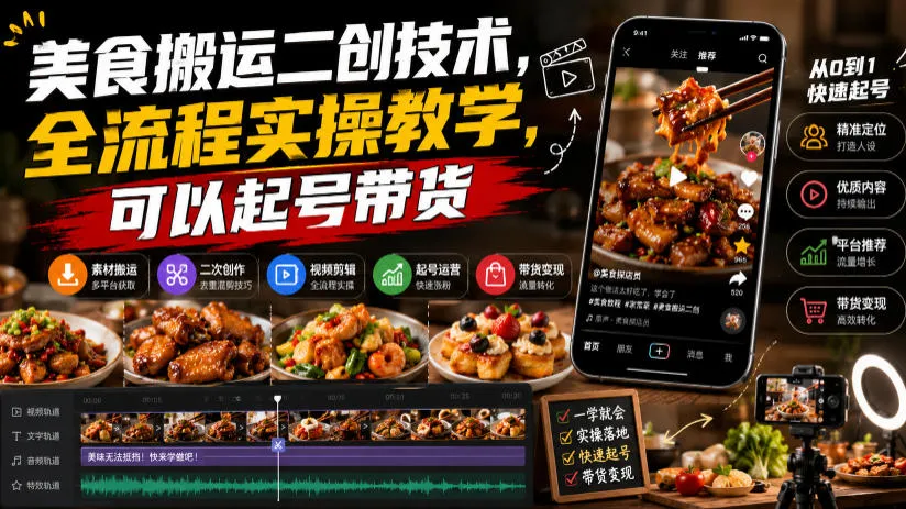 美食搬运二创技术，全流程实操教学，可以起号带货-续财库