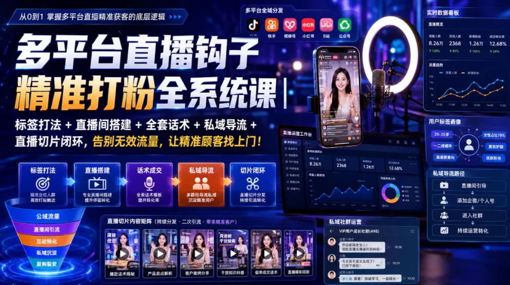 多平台直播钩子精准打粉全系统课｜标签打法+直播间搭建+全套话术+私域导流+直播切片闭环，告别无效流量，让精准顾客找上门！-续财库