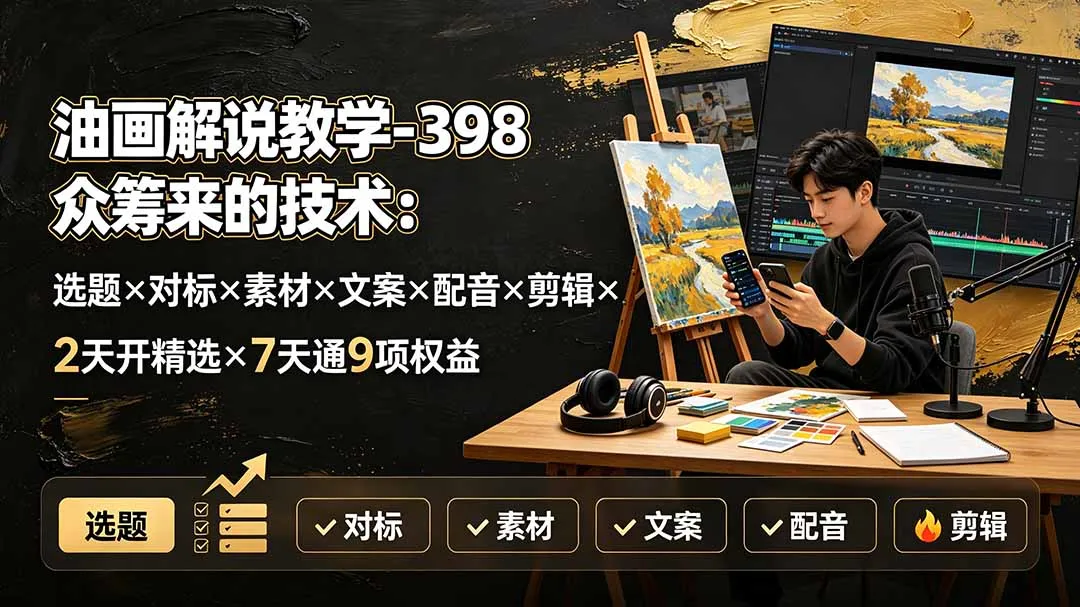 油画解说教学-398众筹来的技术：选题×对标×素材×文案×配音×剪辑×2天开精选×7天通9项权益-续财库