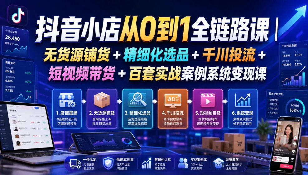 抖音小店从0到1全链路课｜无货源铺货+精细化选品+千川投流+短视频带货+百套实战案例系统变现课(2026年7月更新)-续财库