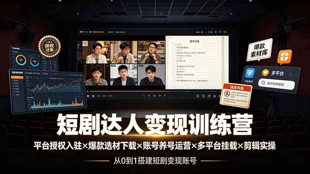 短剧达人变现训练营：平台授权入驻×爆款选材下载×账号养号运营×多平台挂载×剪辑实操×违规处理全流程-续财库