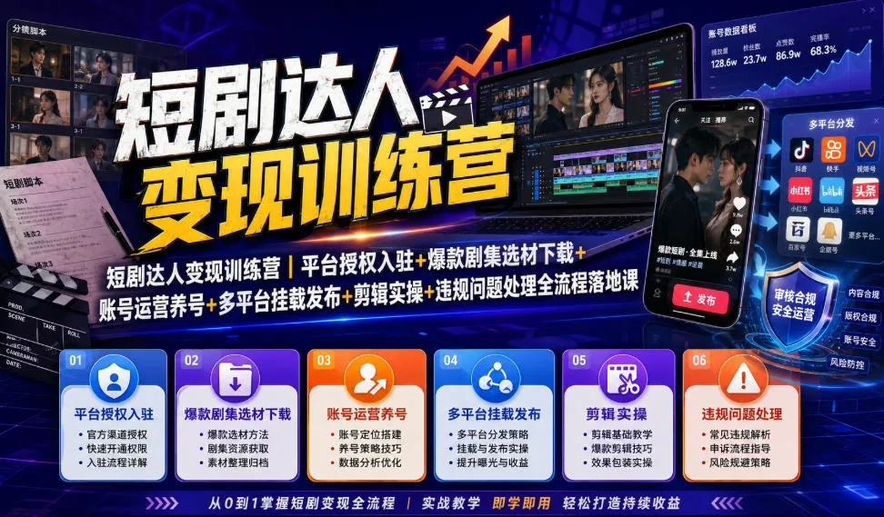 短剧达人变现训练营｜平台授权入驻+爆款剧集选材下载+账号运营养号+多平台挂载发布+剪辑实操+违规问题处理全流程落地课-续财库