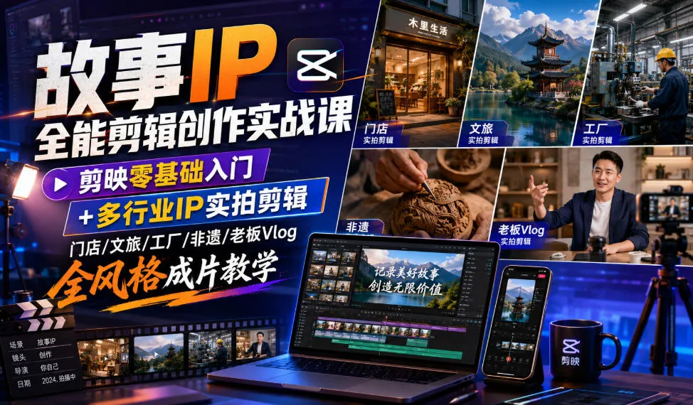 故事IP全能剪辑创作实战课｜剪映零基础入门+多行业IP实拍剪辑，门店/文旅/工厂/非遗/老板Vlog全风格成片教学-续财库