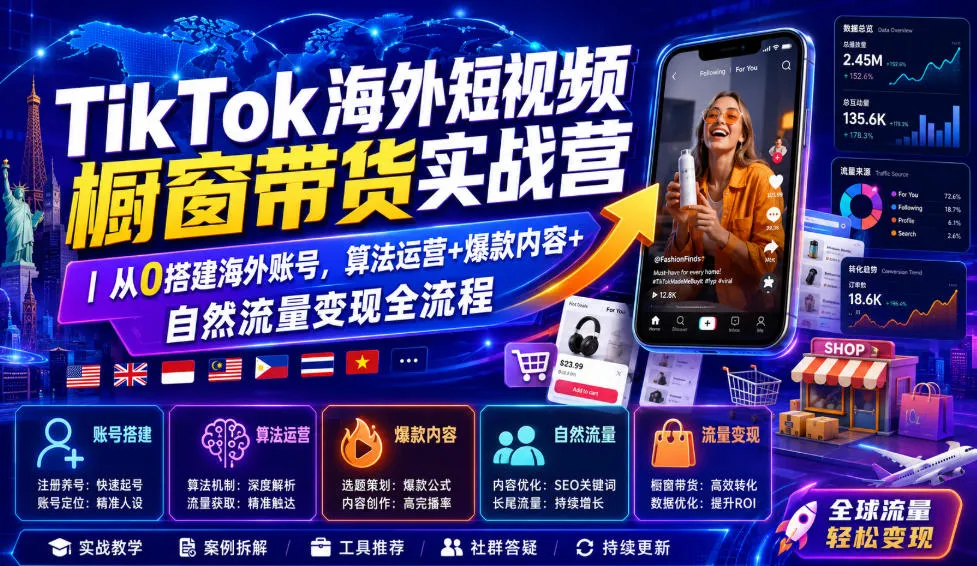 TikTok海外短视频橱窗带货实战营｜从0搭建海外账号，算法运营+爆款内容+自然流量变现全流程-续财库