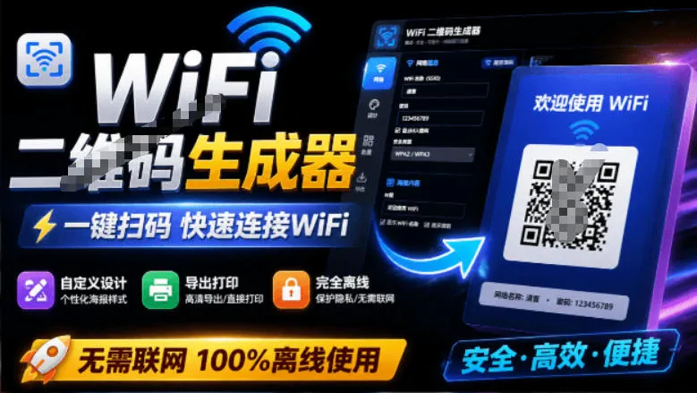 完全离线使用！WiFi二维码生成器，一键扫码快速连接WiFi，支持自定义风格导出WiFi二维码生成器-续财库