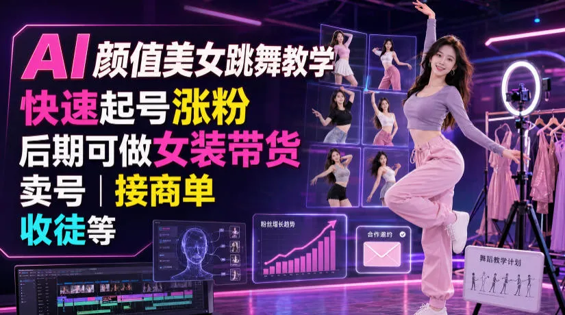 AI颜值美女跳舞教学，快速起号涨粉，后期可做女装带货，卖号，接商单，收徒等-续财库