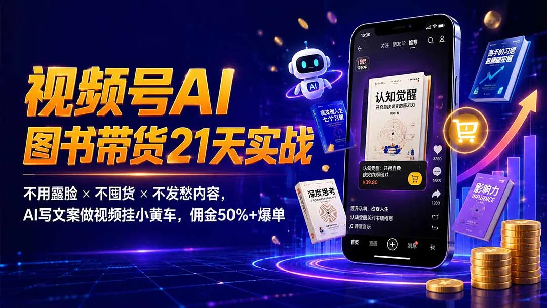 繁花视频号AI图书带货21天实战：不用露脸×不囤货×不发愁内容，AI写文案做视频挂小黄车，佣金50%+爆单-续财库