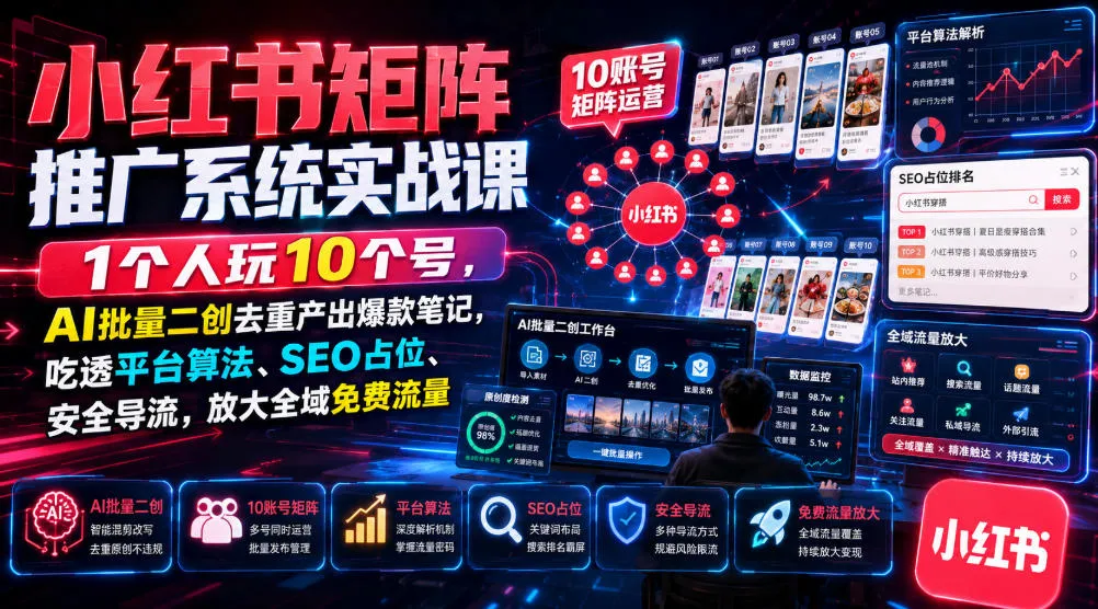 小红书矩阵推广系统实战课｜1个人玩10个号，AI批量二创去重产出爆款笔记，吃透平台算法、SEO占位、安全导流，放大全域免费流量-续财库