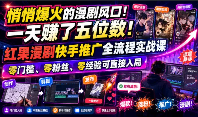 悄悄爆火的漫剧风口！一天賺了五位数！红果漫剧快手推广全流程实战课，零门槛、零粉丝、零经验可直接入局-续财库