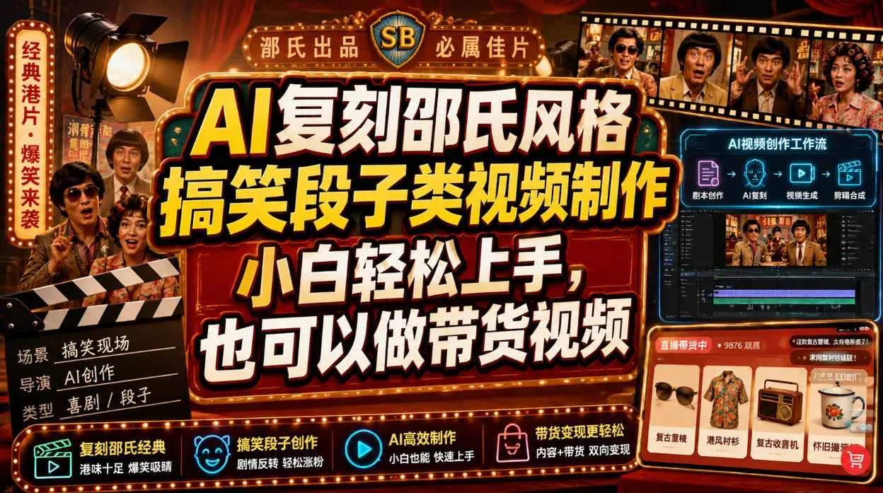 AI复刻邵氏风格搞笑段子类视频制作,小白轻松上手,也可以做带货视频-续财库