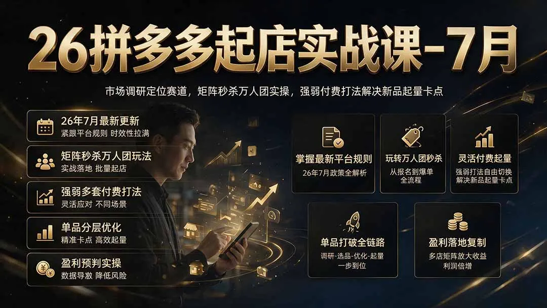 26拼多多起店实战课-7月｜市场调研定位赛道，矩阵秒杀万人团实操，强弱付费打法解决新品起量卡点-续财库