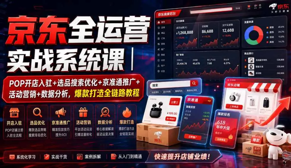 京东全运营实战系统课｜POP开店入驻+选品搜索优化+京准通推广+活动营销+数据分析，爆款打造全链路教程-续财库