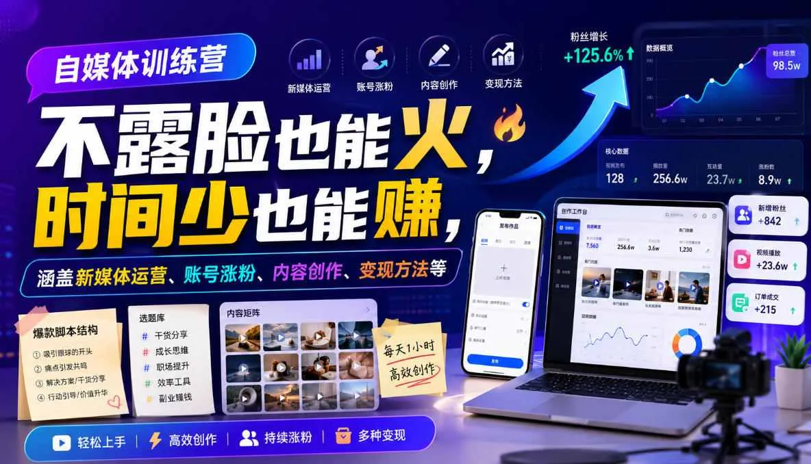 自媒体训练营，不露脸也能火，时间少也能賺，涵盖新媒体运营、账号涨粉、内容创作、变现方法等-续财库