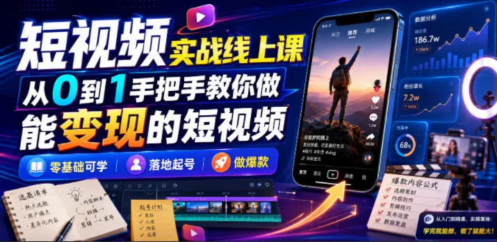 短视频实战线上课，从0到1手把手教你做能变现的短视频，零基础可学，落地起号做爆款-续财库