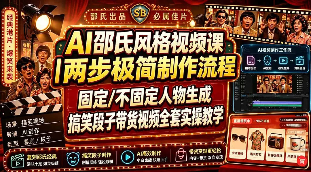 AI邵氏风格视频课｜两步极简制作流程，固定/不固定人物生成，搞笑段子带货视频全套实操教学-续财库