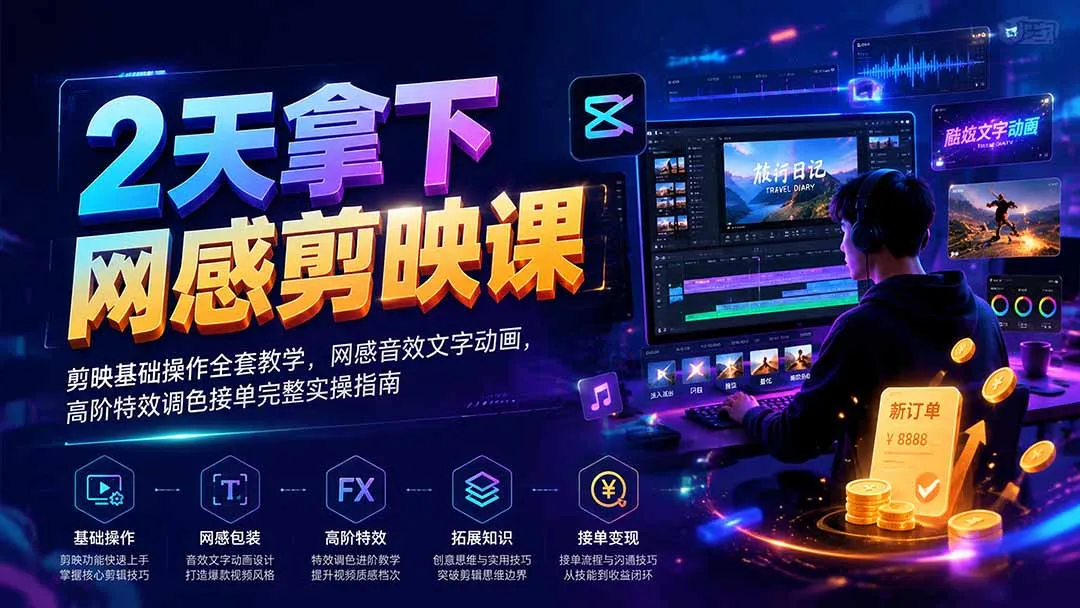 2天拿下网感剪辑课｜剪映基础操作全套教学，网感音效文字动画，高阶特效调色接单完整实操指南-续财库