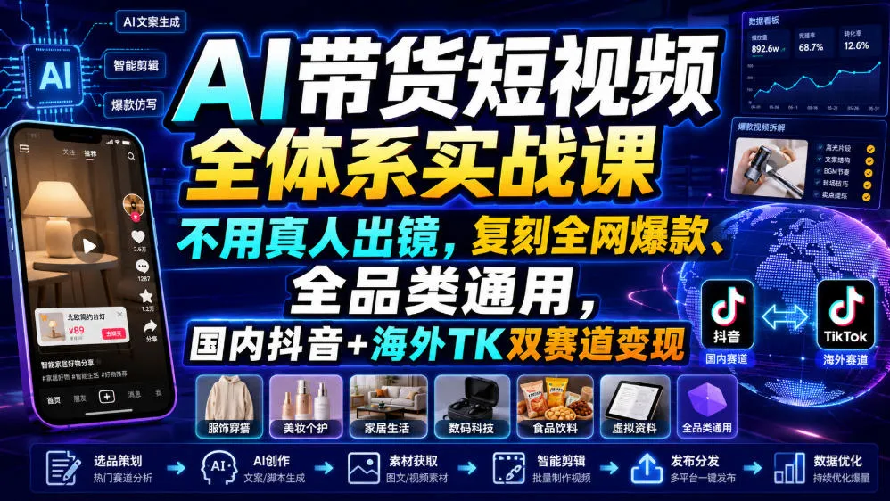 AI带货短视频全体系实战课，不用真人出镜，复刻全网爆款、全品类通用，国内抖音+海外TK双赛道变现-续财库