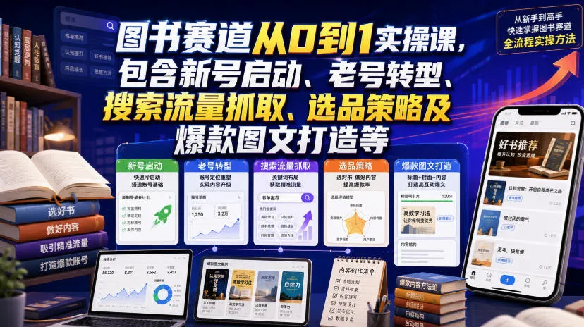 图书赛道从0到1实操课，包含新号启动、老号转型、搜索流量抓取、选品策略及爆款图文打造等-续财库