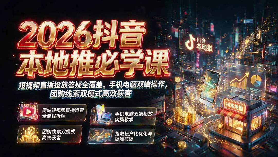 2026抖音本地推必学课|短视频直播投放答疑全覆盖,手机电脑双端操作,团购线索双模式高效获客-续财库