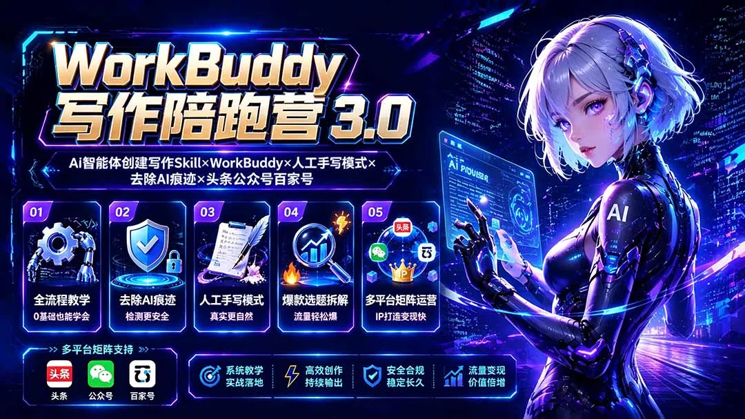 WorkBuddy写作陪跑营3.0-更新:Ai智能体创建写作Skill×WorkBuddy×人工手写模式×去除AI痕迹×头条公众号百家号-续财库