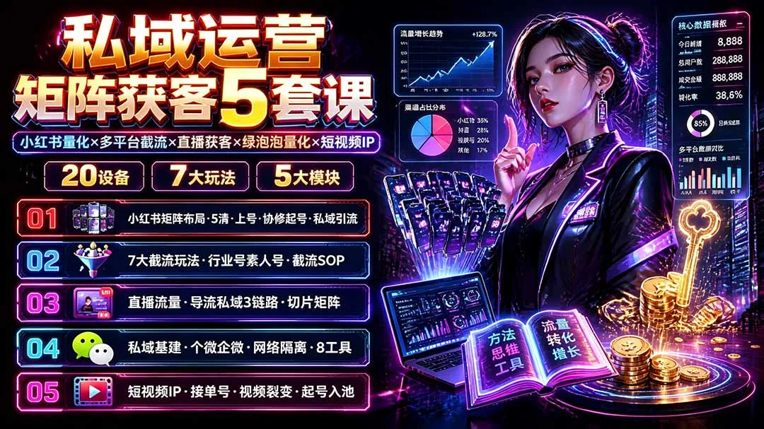 私域运营矩阵获客5套课：小红书量化×多平台截流×直播获客×绿泡泡量化×短视频IP×20设备×7大玩法-续财库
