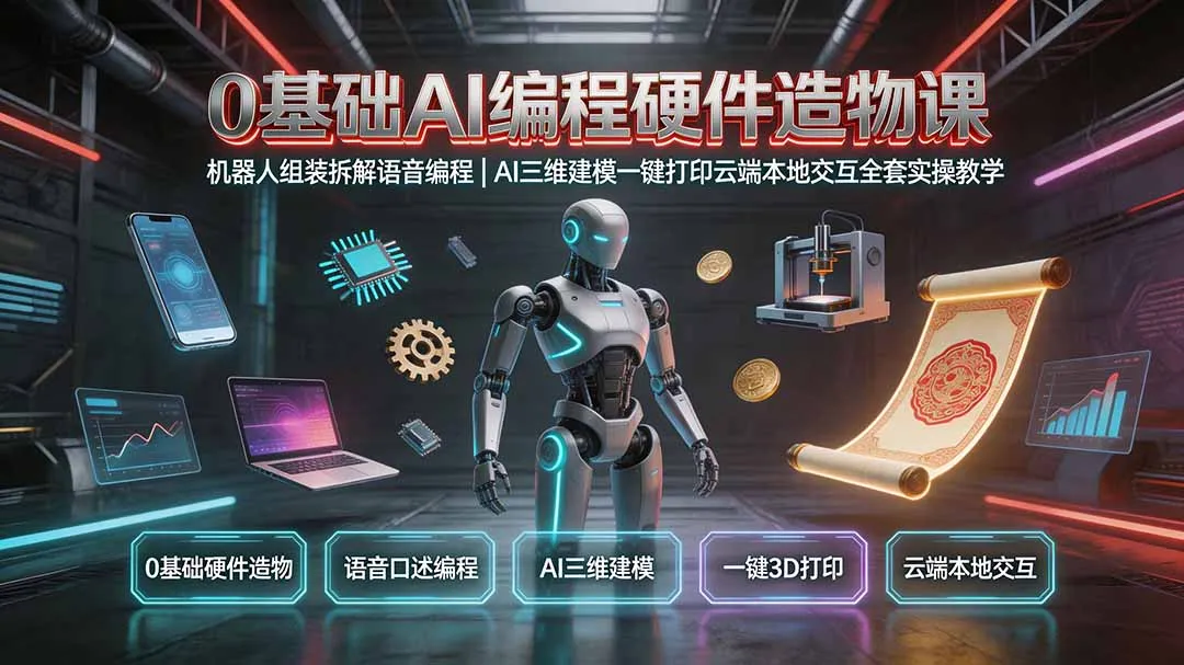 0基础AI编程硬件造物课｜机器人组装拆解语音编程，AI三维建模一键打印云端本地交互全套实操教学-续财库