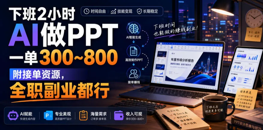 下班2小时AI做PPT，一单300~800，附接单资源，全职副业都行【揭秘】-续财库