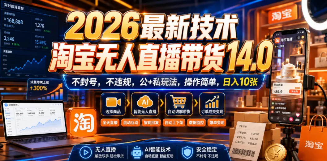 2026最新技术，淘宝无人直播带货14.0，不封号，不违规，公+私玩法，操作简单，日入10张【揭秘】-续财库