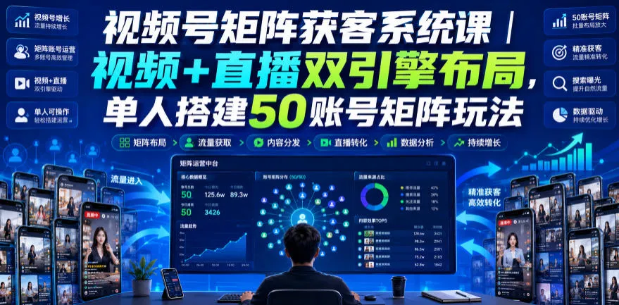 视频号矩阵获客系统课|视频+直播双引擎布局,单人搭建50账号矩阵玩法,流量入池、搜索占位、全域引流沉淀私域全流程教学-续财库