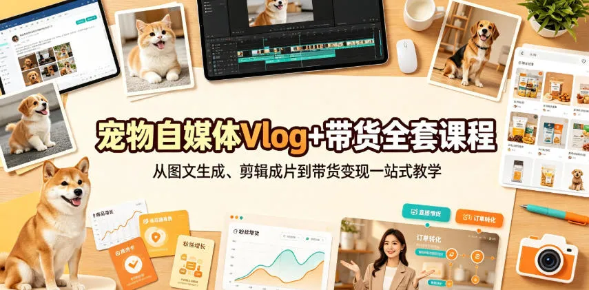 宠物自媒体Vlog+带货全套课程｜从图文生成、剪辑成片到带货变现一站式教学-续财库