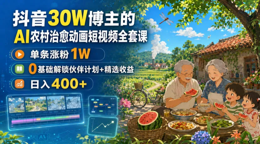 抖音30W博主的AI农村治愈动画短视频全套课｜单条涨粉1W，0基础解锁伙伴计划+精选收益，日入400+-续财库