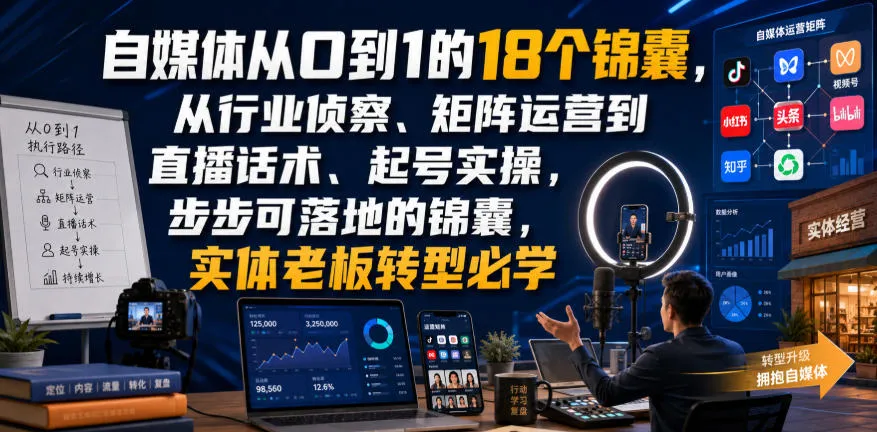 自媒体从0到1的18个锦囊，从行业侦察、矩阵运营到直播话术、起号实操，步步可落地的锦囊，实体老板转型必学-续财库