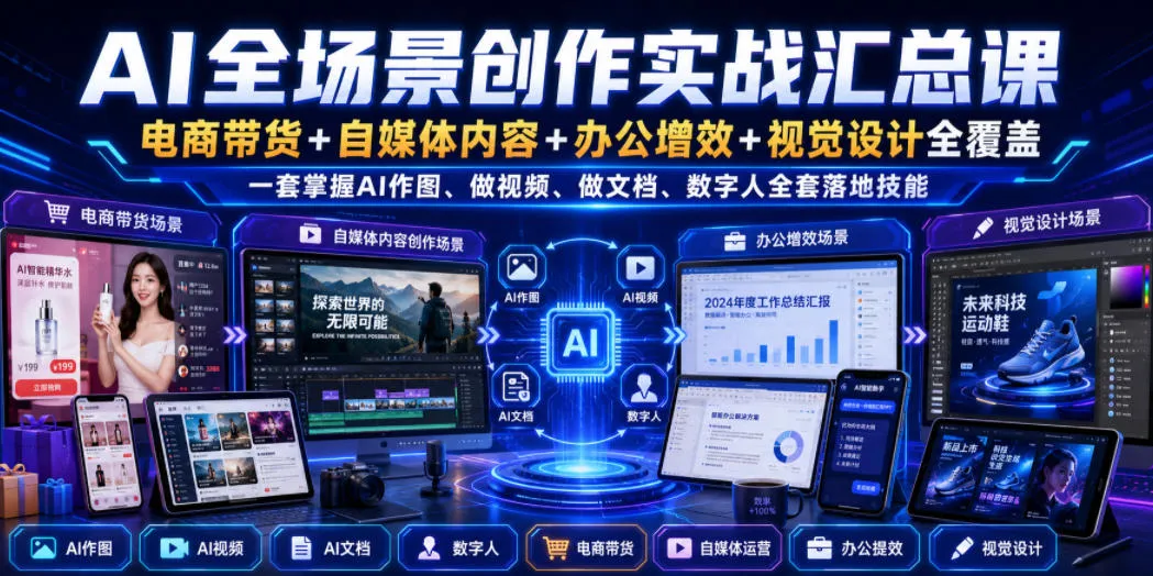 AI全场景创作实战汇总课|电商带货+自媒体内容+办公增效+视觉设计全覆盖,一套掌握AI作图、做视频、做文档、数字人全套落地技能-续财库
