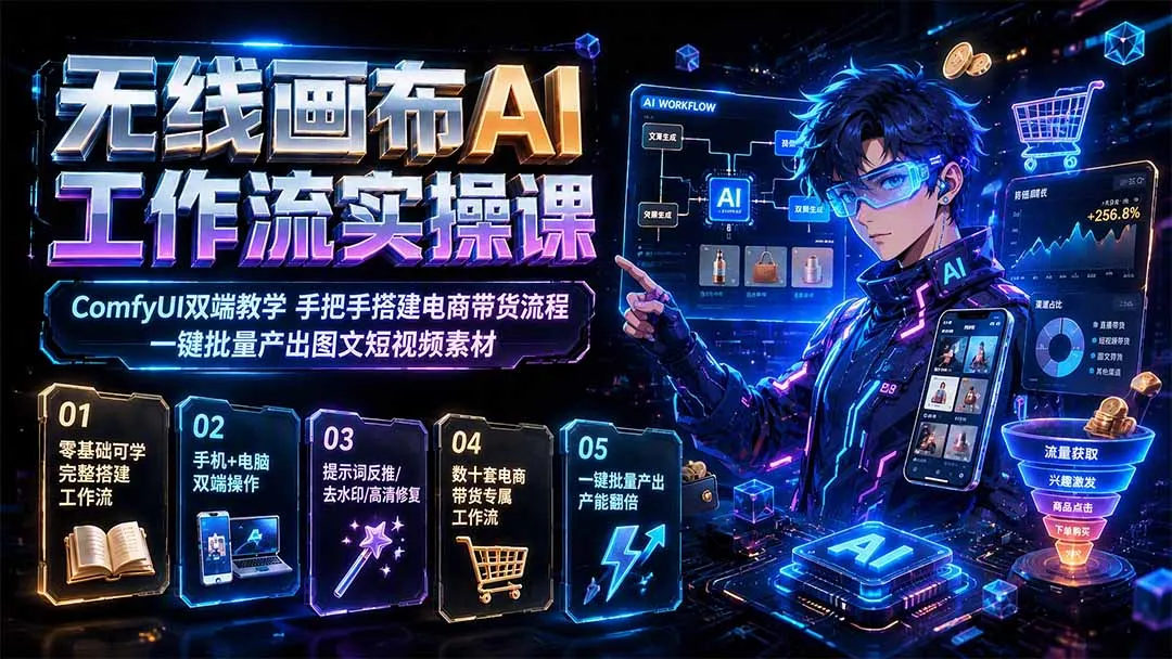 无线画布AI工作流实操课｜ComfyUI双端教学，手把手搭建电商带货流程，一键批量产出图文短视频素材-续财库