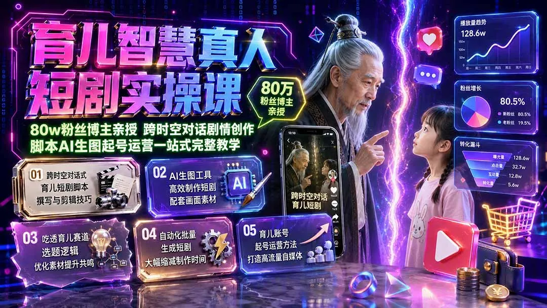 育儿智慧真人短剧实操课｜80w粉丝博主亲授，跨时空对话剧情创作，脚本AI生图起号运营一站式完整教学-续财库
