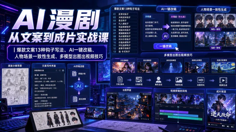 AI漫剧从文案到成片实战课｜爆款文案13种钩子写法、AI一键改稿、人物场景一致性生成、多模型出图出视频技巧-续财库