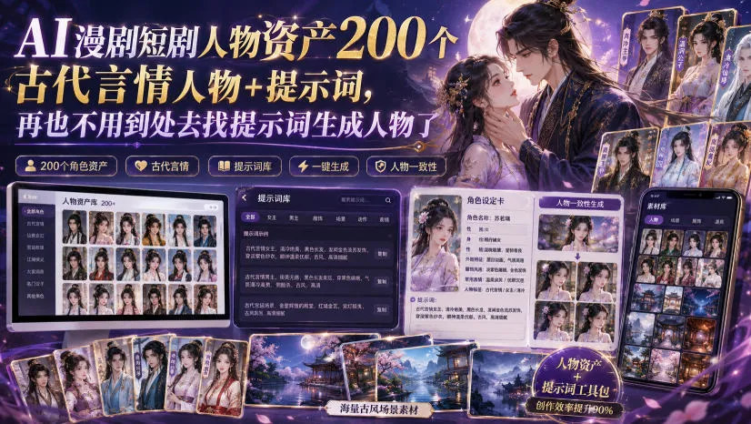 AI漫剧短剧人物资产200个古代言情人物+提示词，再也不用到处去找提示词生成人物了-续财库