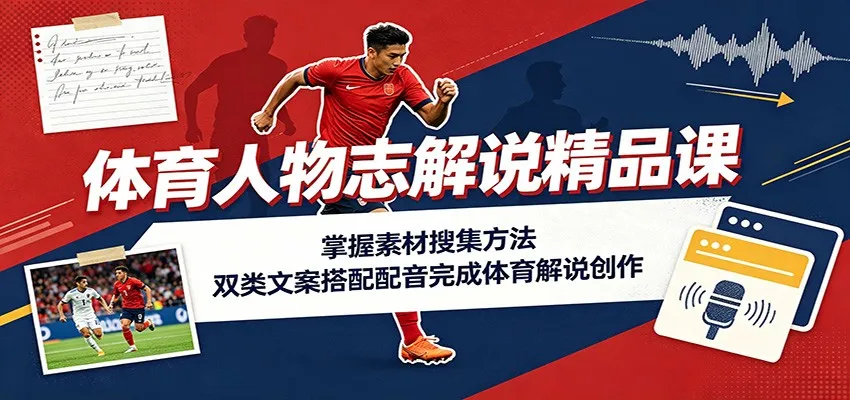 体育人物志解说精品课:掌握素材搜集方法,双类文案搭配配音完成体育解说创作-续财库