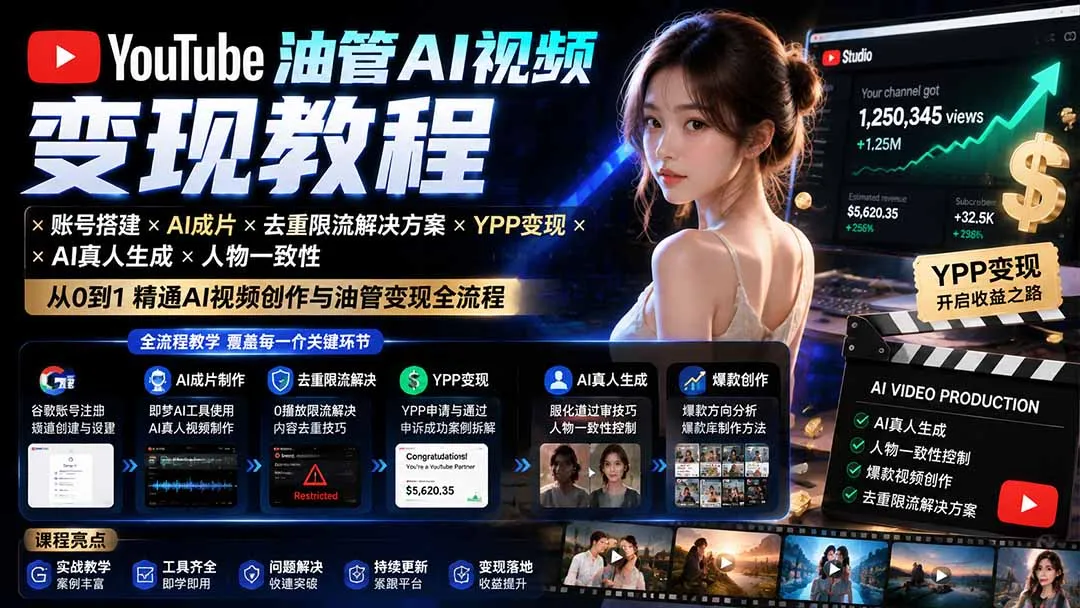 YouTube油管AI视频变现教程：账号搭建×AI成片×去重限流解决方案×YPP变现×AI真人生成×人物一致性-续财库