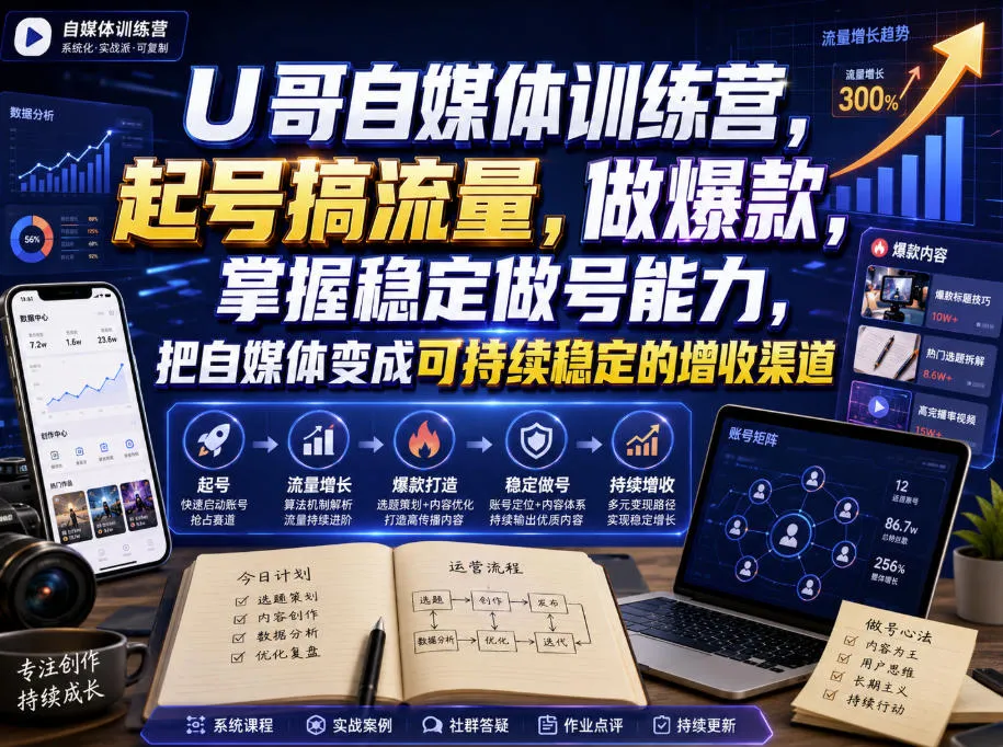 U哥自媒体训练营,起号搞流量,做爆款,掌握稳定做号能力,把自媒体变成可持续稳定的增收渠道-续财库