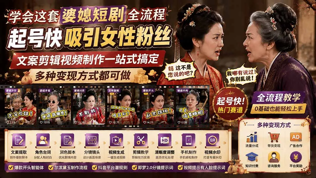 学会这套婆媳短剧全流程:起号快吸引女性粉丝,文案剪辑视频制作一站式搞定,多种变现方式都可做-续财库