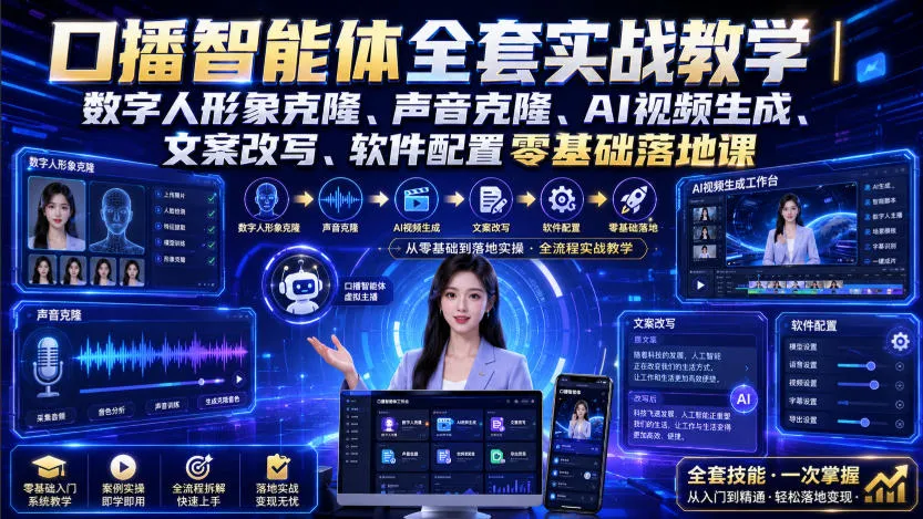 口播智能体全套实战教学｜数字人形象克隆、声音克隆、AI视频生成、文案改写、软件配置零基础落地课-续财库