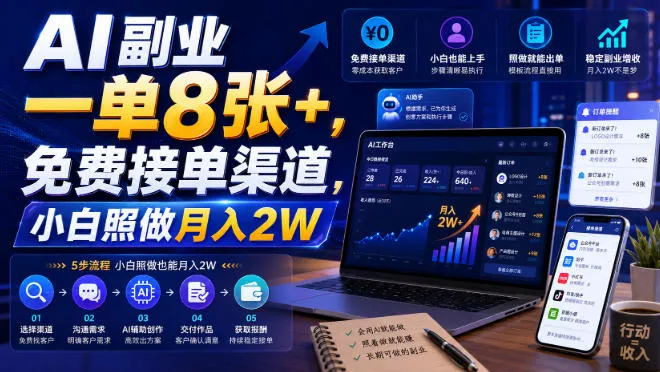 AI副业一单8张+，免费接单渠道，小白照做月入2W【揭秘】-续财库